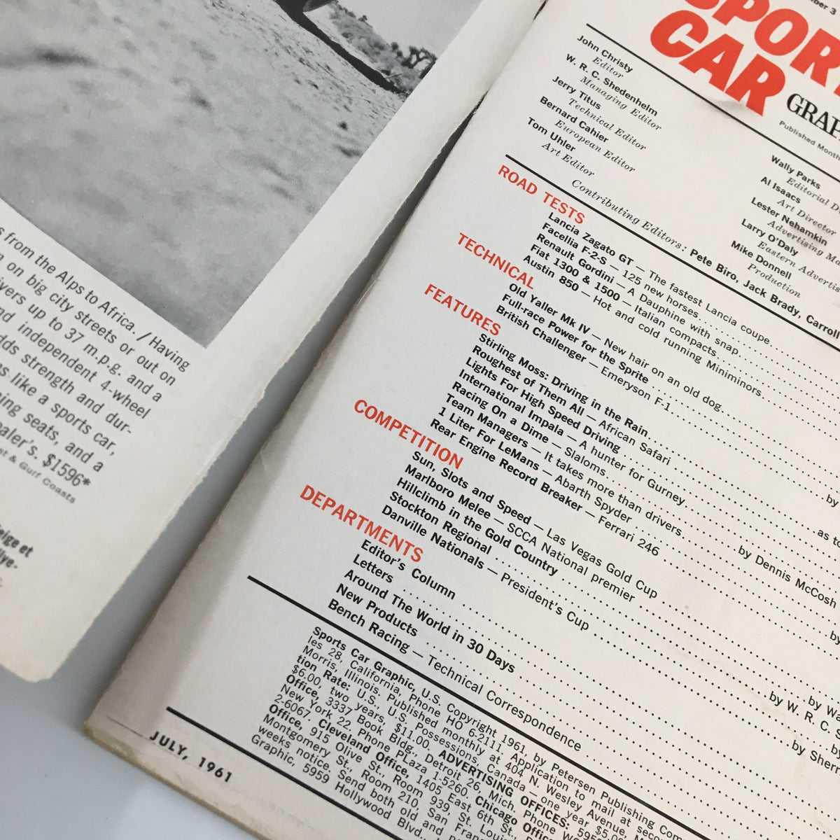 Close-up of the contents page of Sports Car Graphic Magazine July 1961, highlighting sections such as Technical and Competition, alongside articles including 'Driving in the Rain' and 'Las Vegas Gold Cup'.