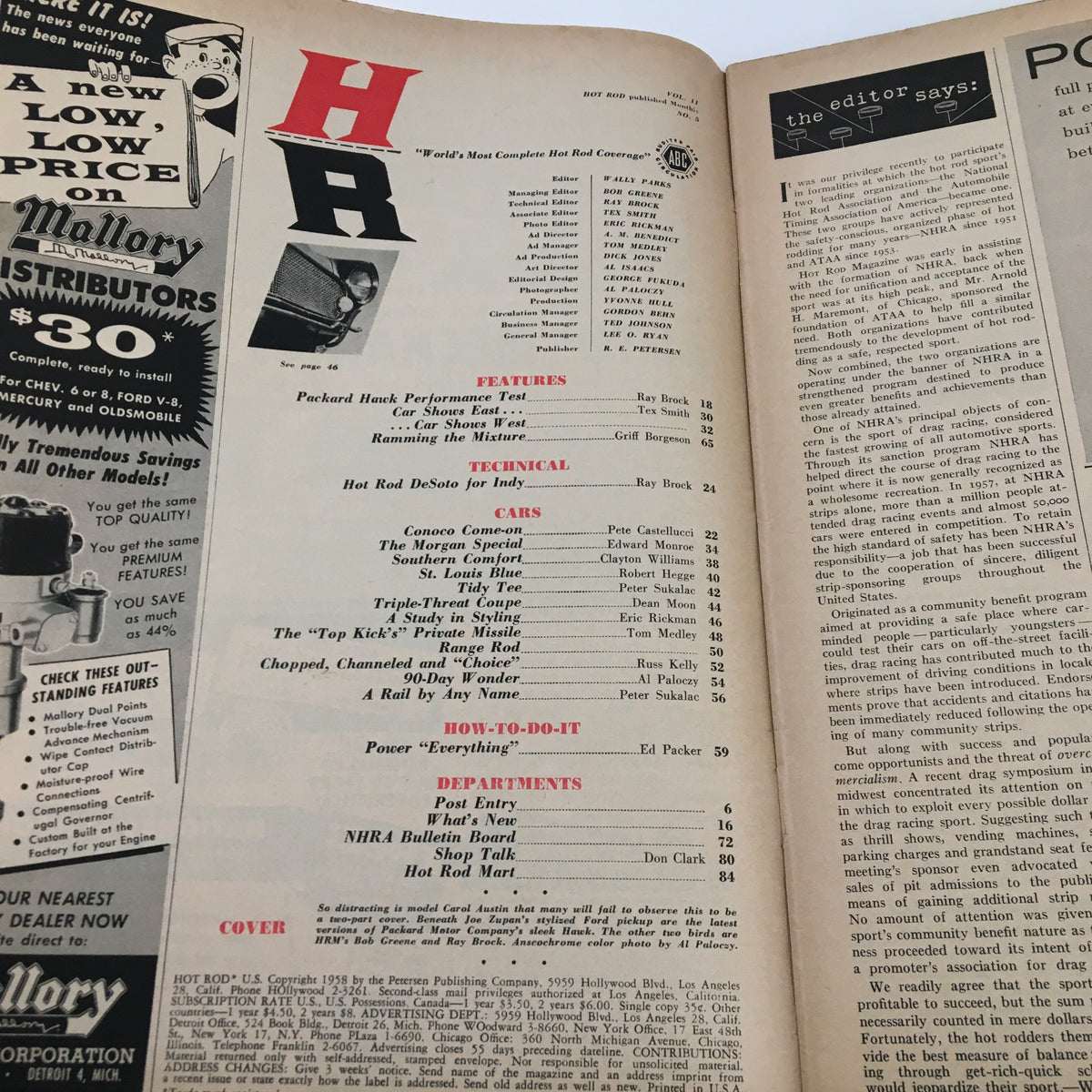 Inside page of the May 1958 issue of Hot Rod Magazine displaying the contents list, providing insights into feature articles and automotive topics relevant to car enthusiasts.