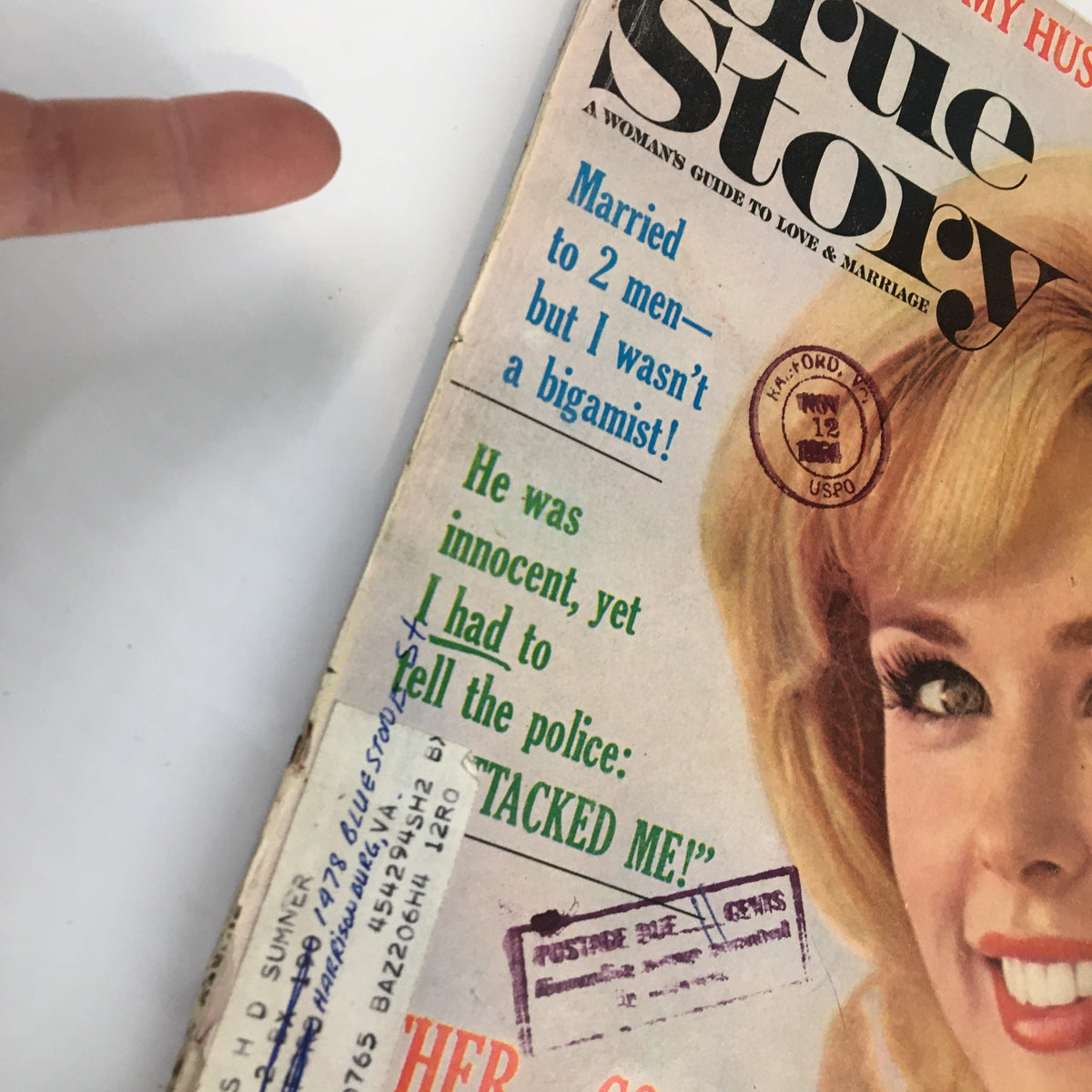 Close-up of the cover of VTG True Story Magazine December 1964, emphasizing the title 'Married to 2 Men But I Wasn't a Bigamist' with details about the narrative, dated postal markings, and handwriting on a vintage magazine.