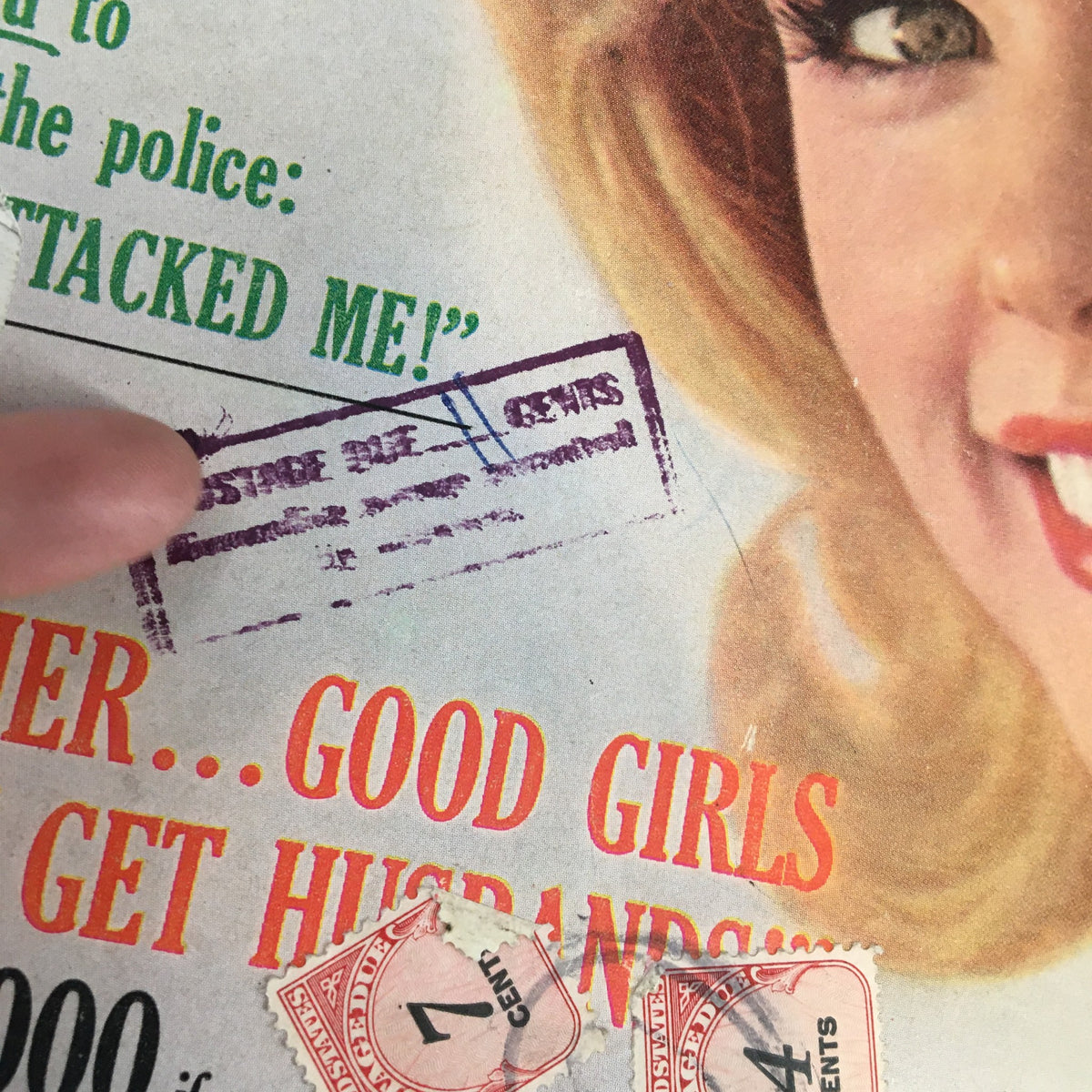 Close-up of the Vintage True Story Magazine December 1964 cover showing postage stamps and text, reflecting the magazine's historical value.
