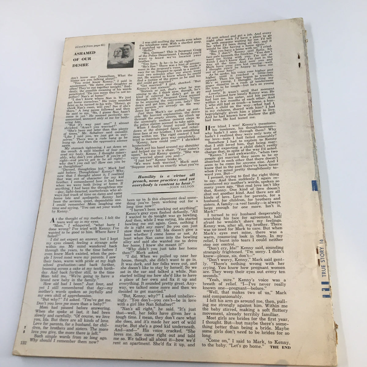 Inside page of the Vintage True Story Magazine December 1964, containing a personal narrative related to unconventional relationships.