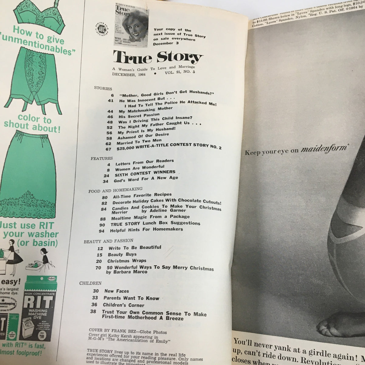 Table of contents from the Vintage True Story Magazine December 1964, listing stories and features including 'Married to Two Men But I Wasn't a Bigamist'.