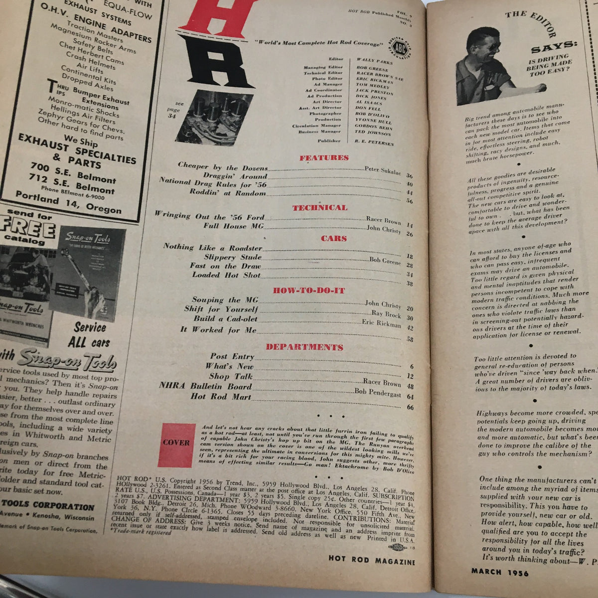 Inside page of VTG Hot Rod Magazine March 1956 featuring the table of contents and various articles on hot rod culture and techniques.