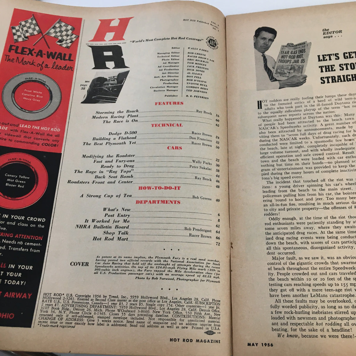 Interior page of VTG Hot Rod Magazine May 1956 displaying contents and features, including articles on racing and technical insights related to classic cars.