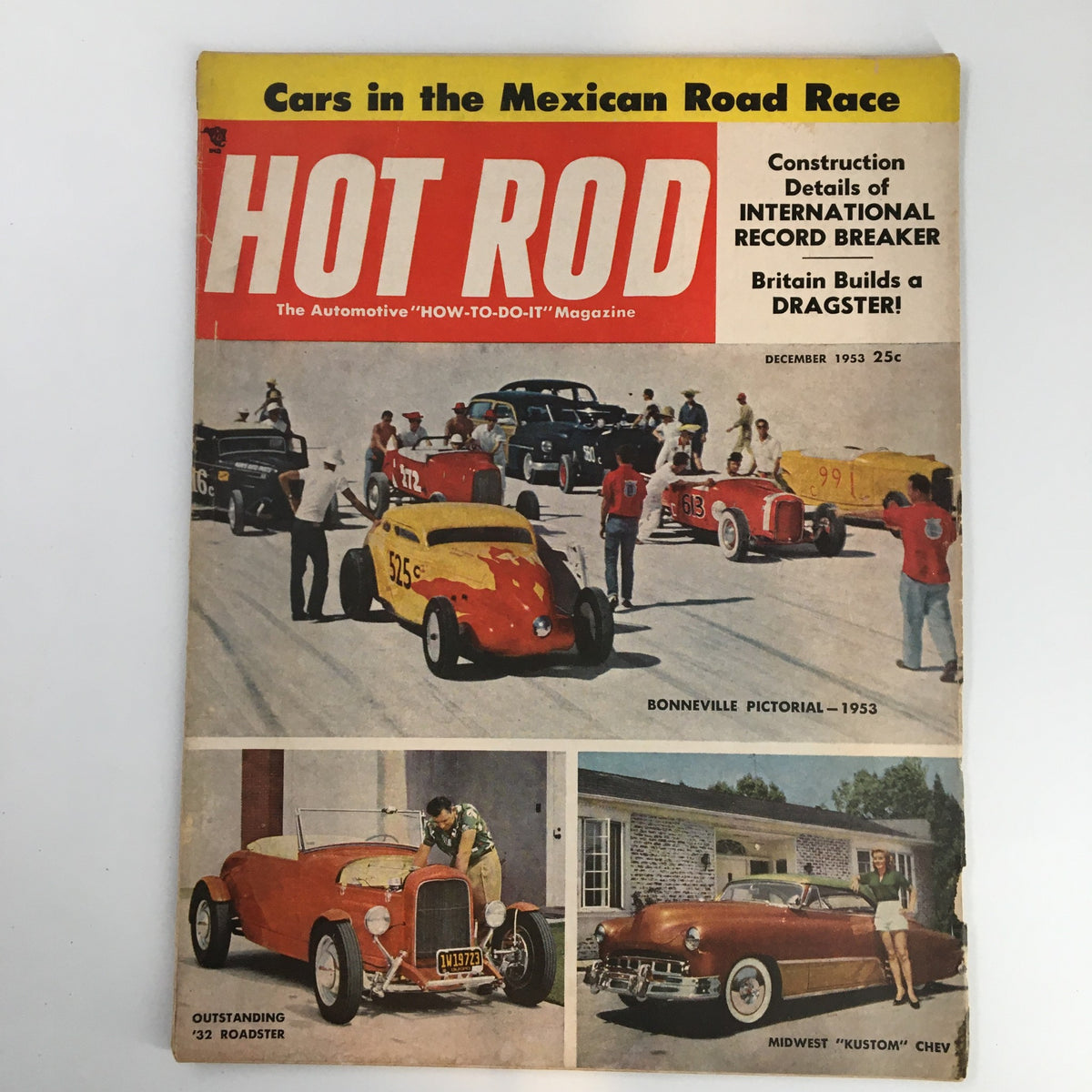 Cover of the VTG Hot Rod Magazine from December 1953 featuring Britain's fastest dragster and cars in the Mexican road race, showcasing the vibrant automotive culture of the early 1950s.