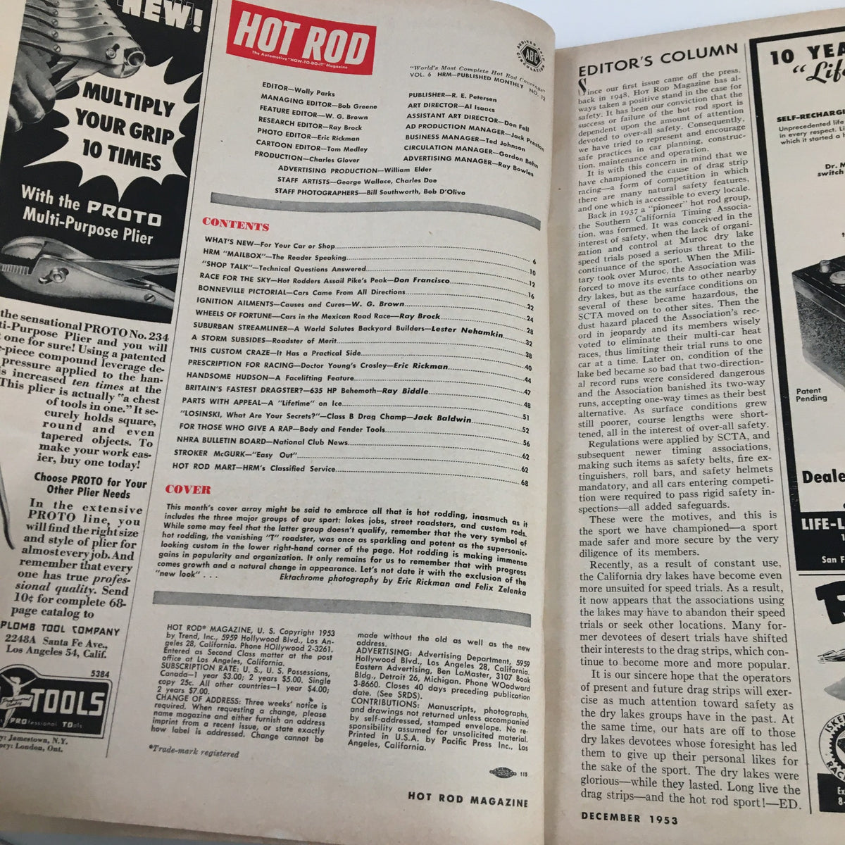 Inside page of the VTG Hot Rod Magazine December 1953 showing contents and editorial column, reflecting the magazine’s focus on drag racing and automotive innovations.