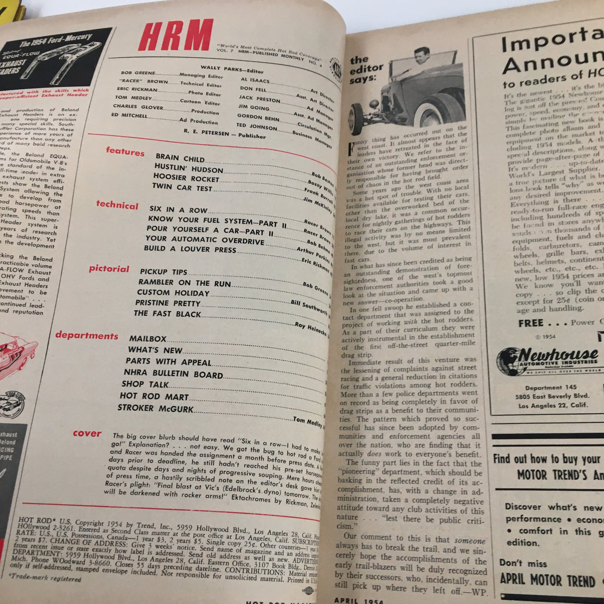 Interior page from the April 1954 issue of Hot Rod Magazine, featuring the table of contents and articles overview, showcasing topics such as 'Six In A Row – How To Make 'em Go.' This page highlights vintage automotive culture and technical insights important to car enthusiasts.