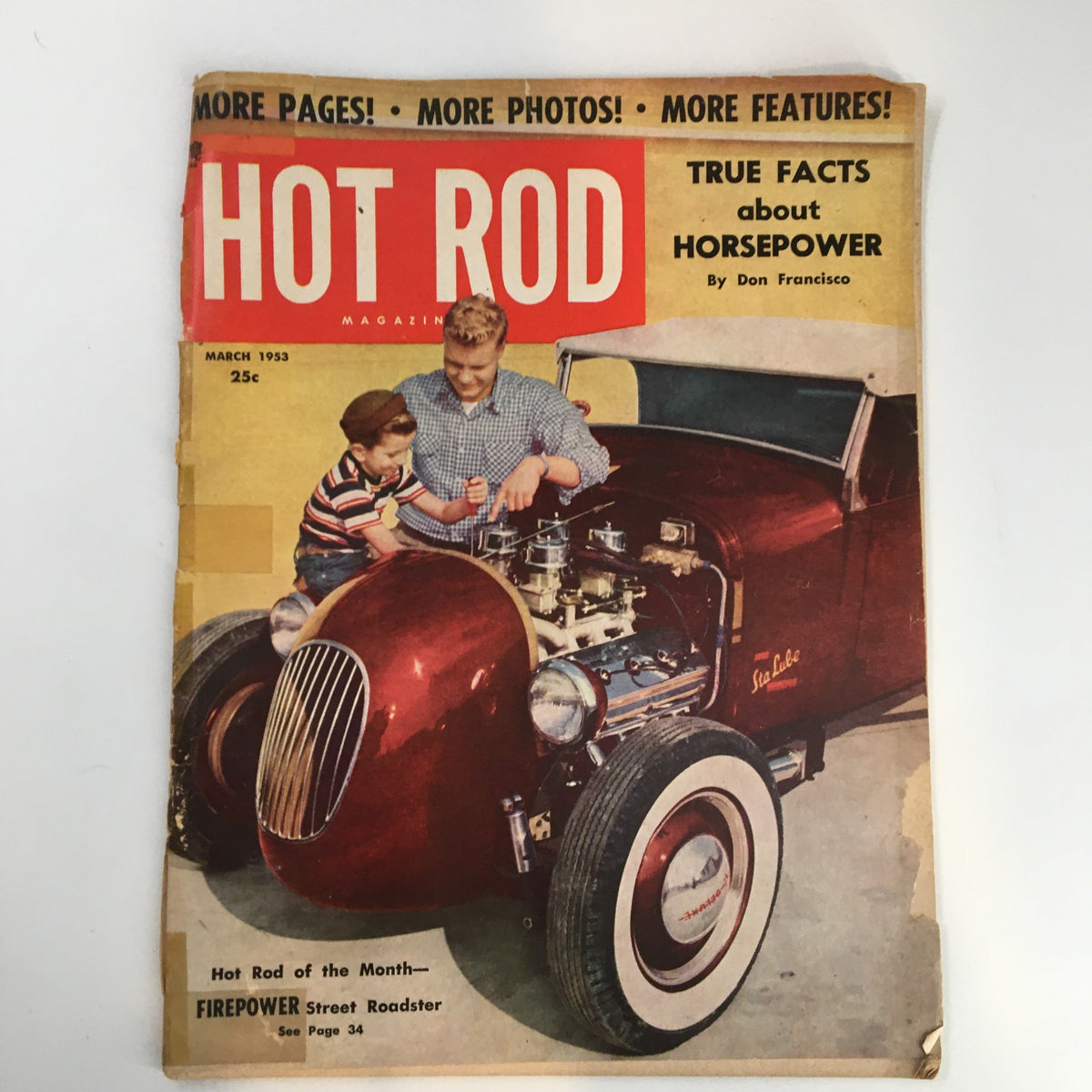 Cover of VTG Hot Rod Magazine March 1953 featuring two boys inspecting the engine of a vintage car, showcasing true facts about horsepower.