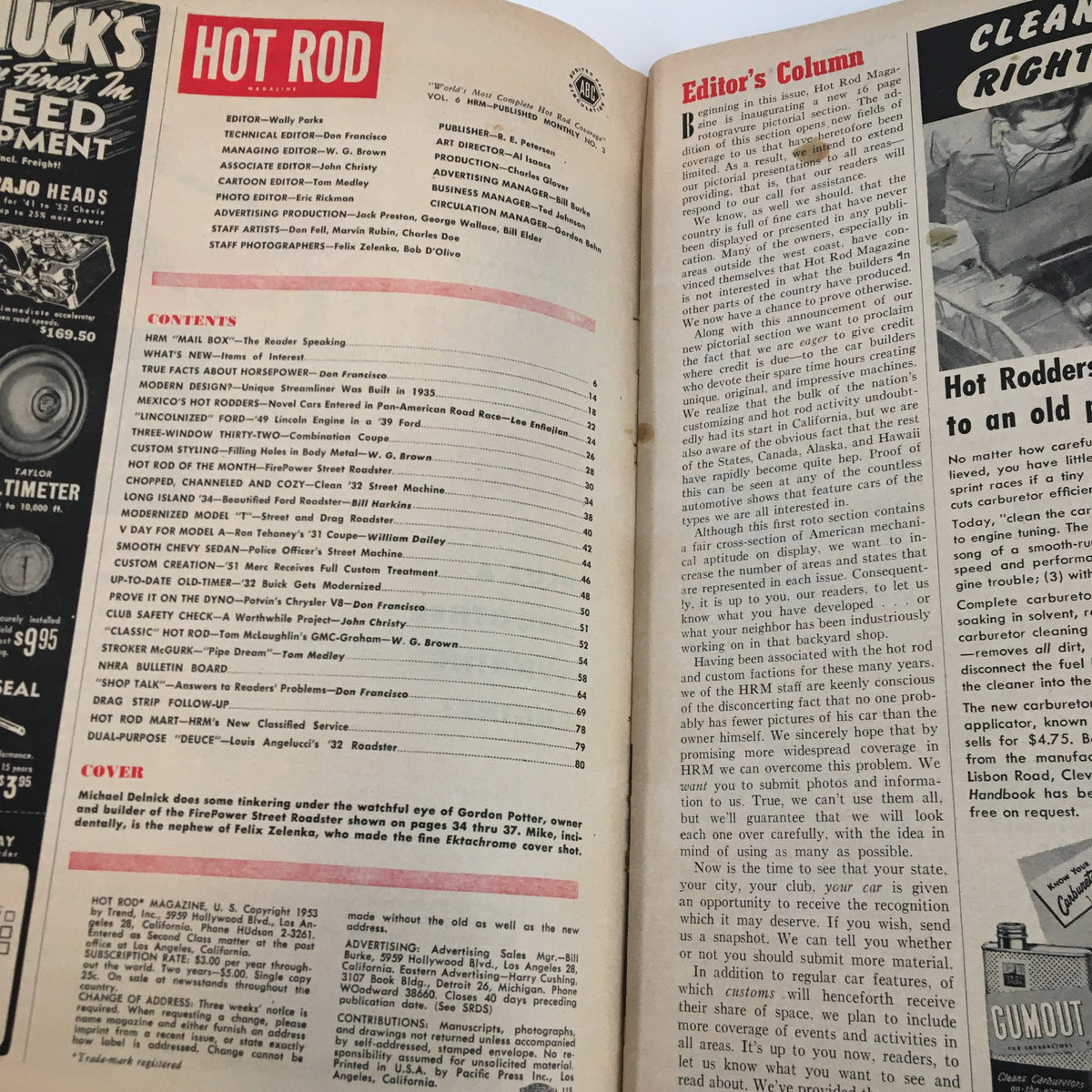 Table of contents page from VTG Hot Rod Magazine March 1953 featuring articles on horsepower and car models.