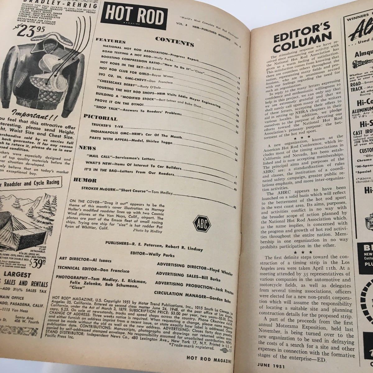 Interior page of Hot Rod Magazine June 1951 presenting the table of contents, providing insights into features and articles on automotive modifications.