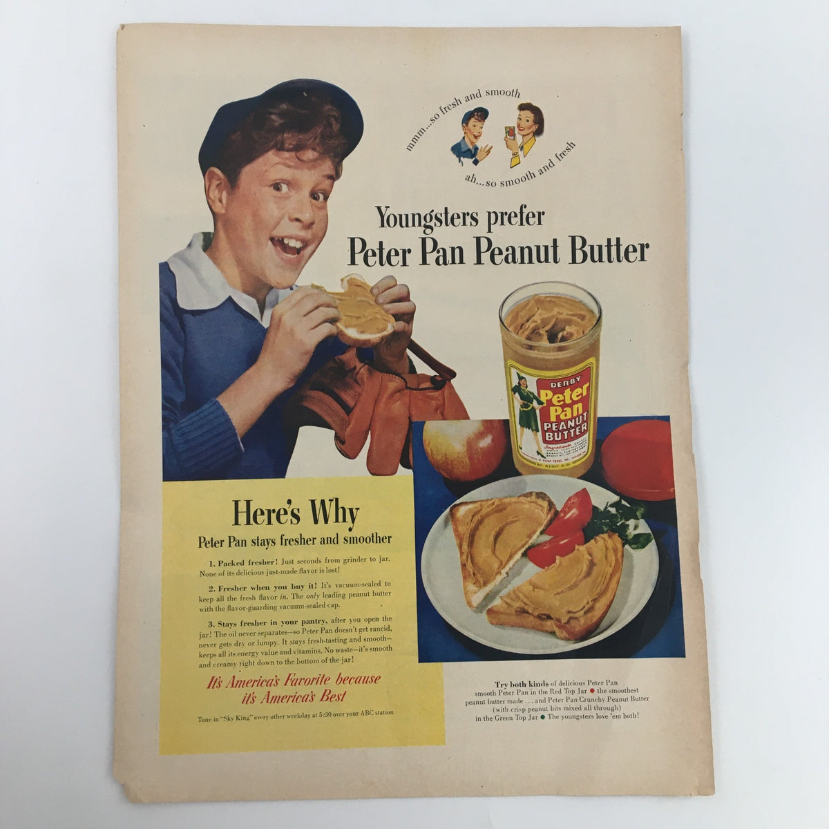 1950 Ford ‘50 Custom Deluxe Fordor Sedan Convertible Print Ad featuring a young boy enjoying Peter Pan Peanut Butter, illustrating the product's features in a vintage advertisement format.