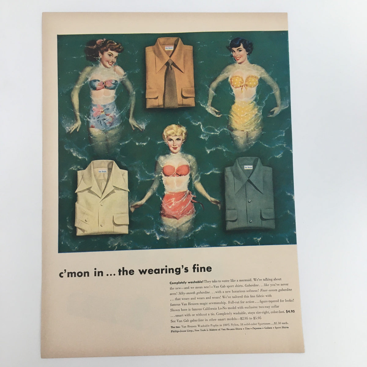 Vintage 1950 Van Gab Silky-Smooth Gabardine Sport Shirts print advertisement featuring models in colorful swimwear, showcasing the elegance and style of 1950s fashion.