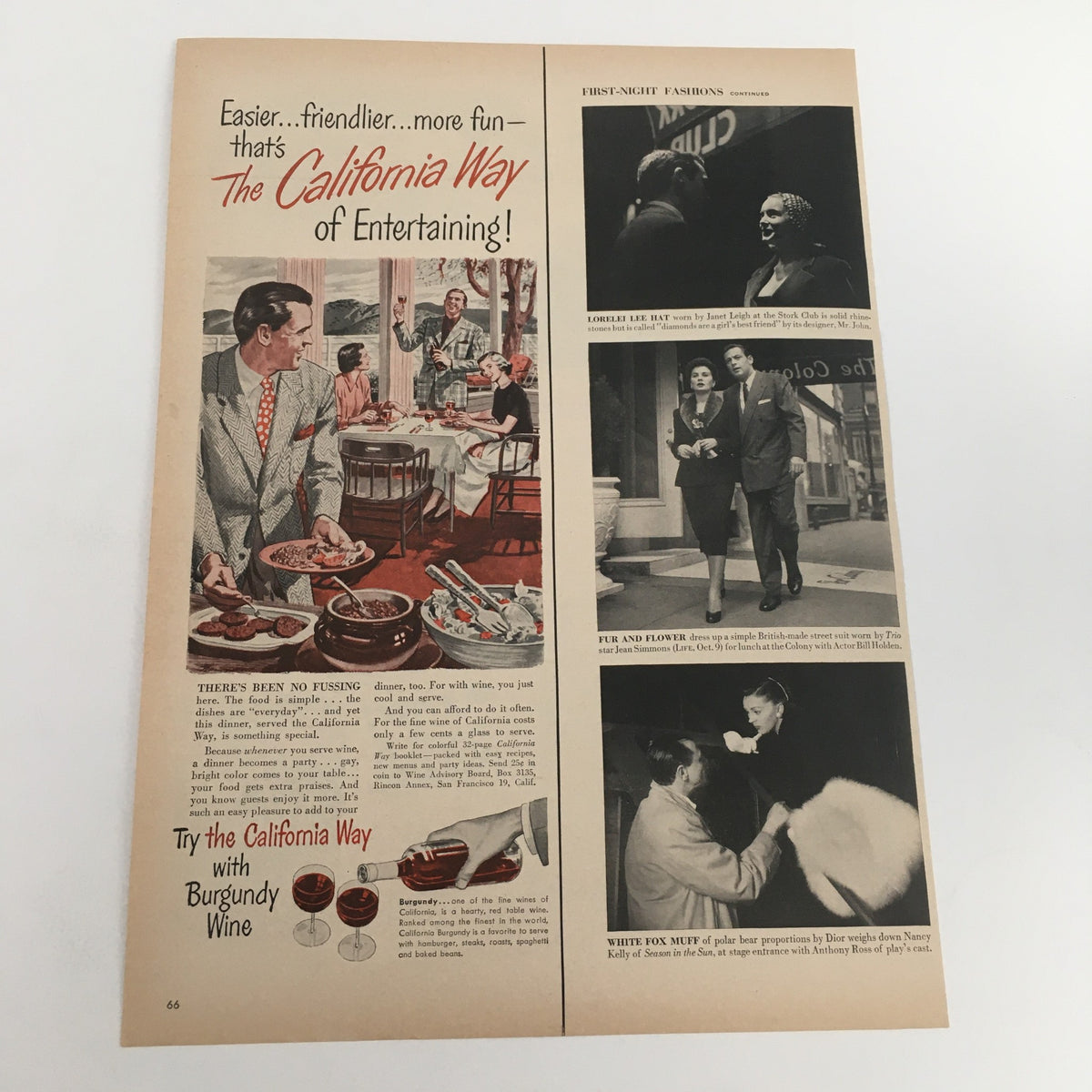 Vintage advertisement for 'The California Way' Burgundy Wine featuring elegant dining scenes and promotional text, complementing the Eveready Prestone Anti-Freeze ad.