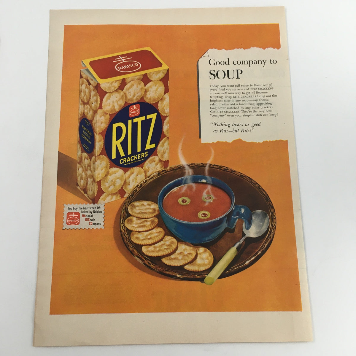 Vintage print ad for Nabisco Ritz Crackers featuring a bowl of soup and crackers, promoting the tagline 'Good company to Soup'. This ad is a part of the 1950 Pillsbury's Best Flour Quick Mix Method Vintage Print Ad.