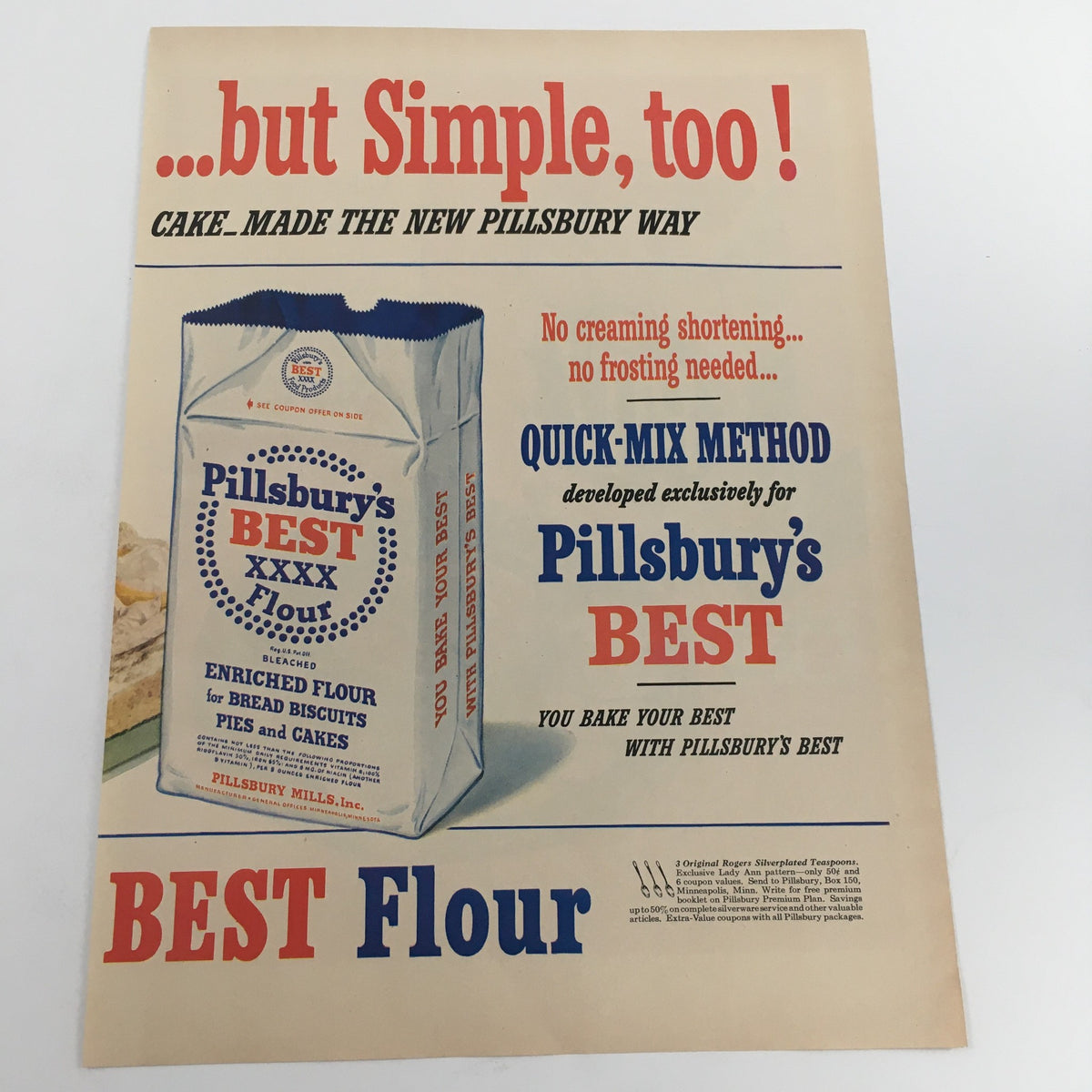 1950 Pillsbury's Best Flour Quick Mix Method Vintage Print Ad showcasing a bag of Pillsbury's Best flour with promotional text highlighting its ease of use and quick-mix method for baking. Ideal for collectors of vintage advertisements.
