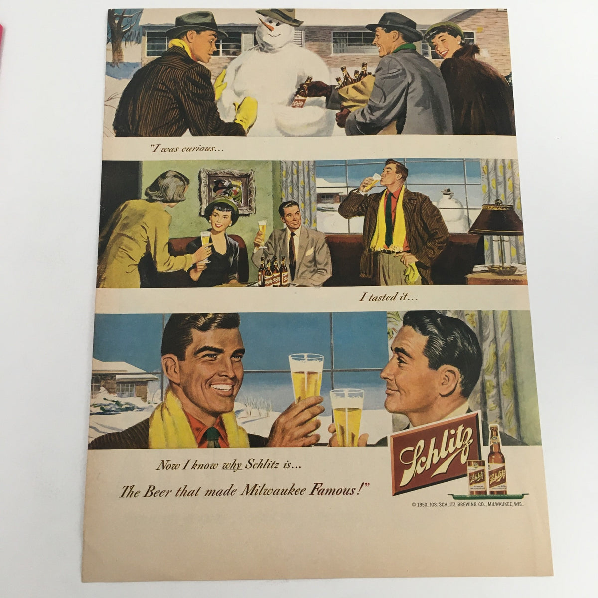 Vintage print ad featuring scenes of people enjoying Milwaukee's Best Beer, from the 1950 Jos. Schultz Brewing Co. advertisement, showcasing nostalgic mid-20th century American brewing culture.
