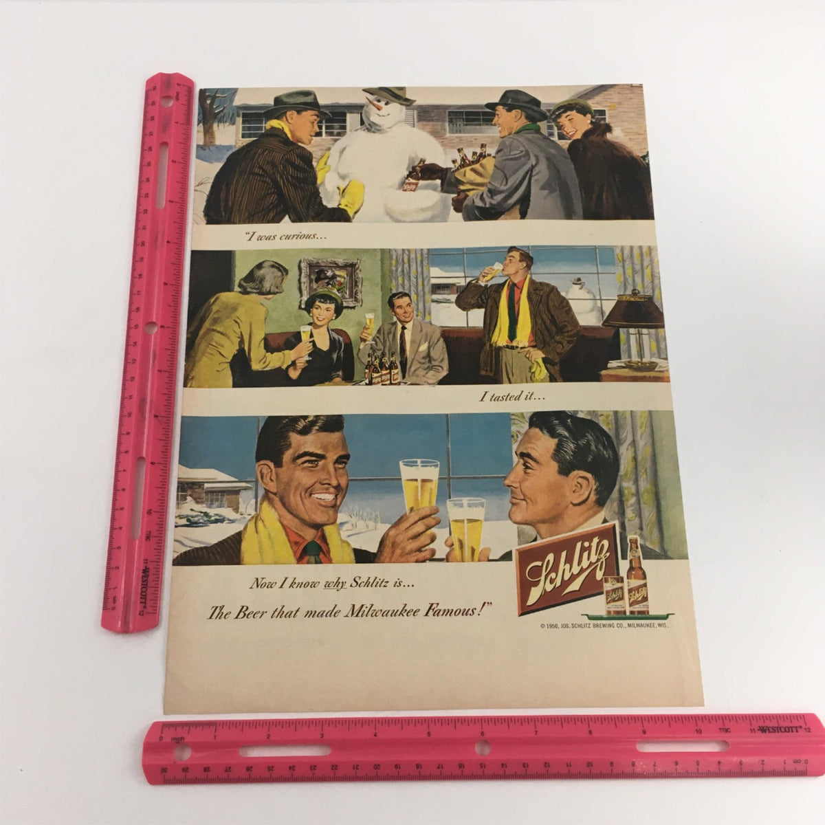 Retro advertisement featuring social scenes with friends enjoying Schlitz beer, highlighting the slogan 'The Beer that made Milwaukee Famous,' part of the 1950 Jos. Schultz Brewing Co. Milwaukee's Best Beer print ad collection.
