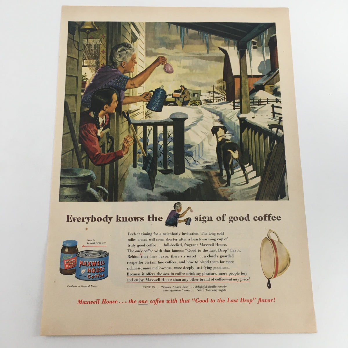 1950 Maxwell House Coffee Vintage Print Ad depicting a woman pouring coffee on a snowy porch, promoting the theme of good coffee with a nostalgic touch.