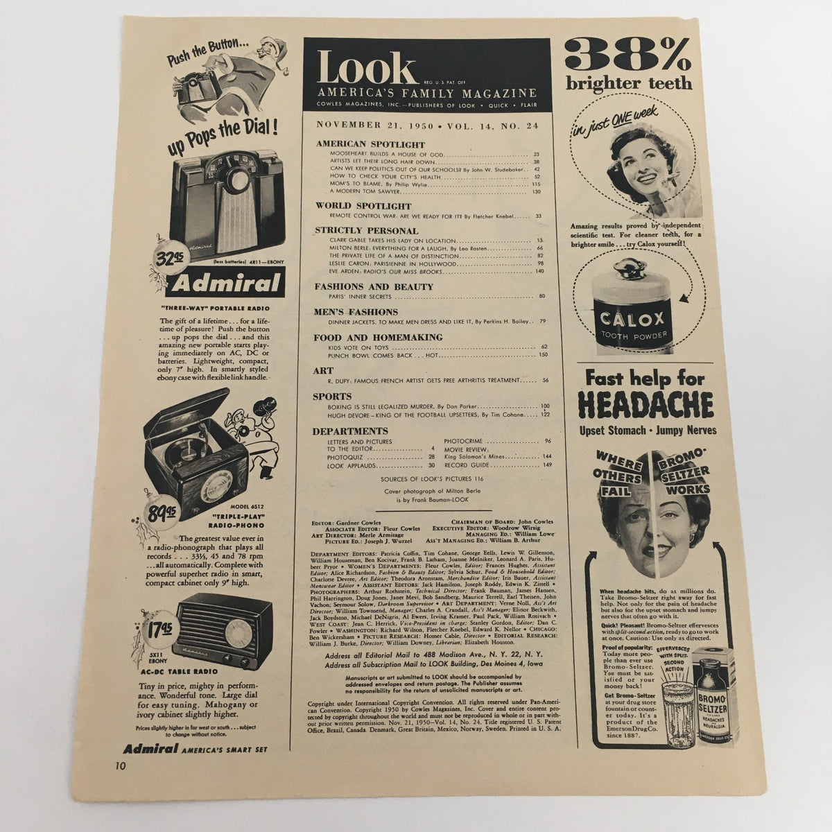 November 1958 issue of Look magazine featuring an advertisement for Admiral Portable Radio alongside other vintage ads, showcasing products of the era.