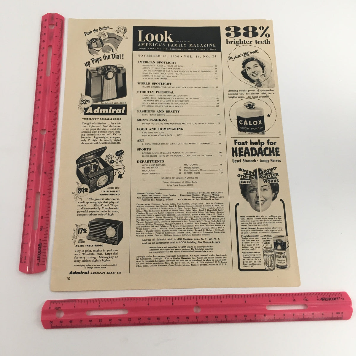 Another angle of the November 1958 Look magazine featuring an advertisement for Admiral Portable Radio, emphasizing its vintage charm and product list.
