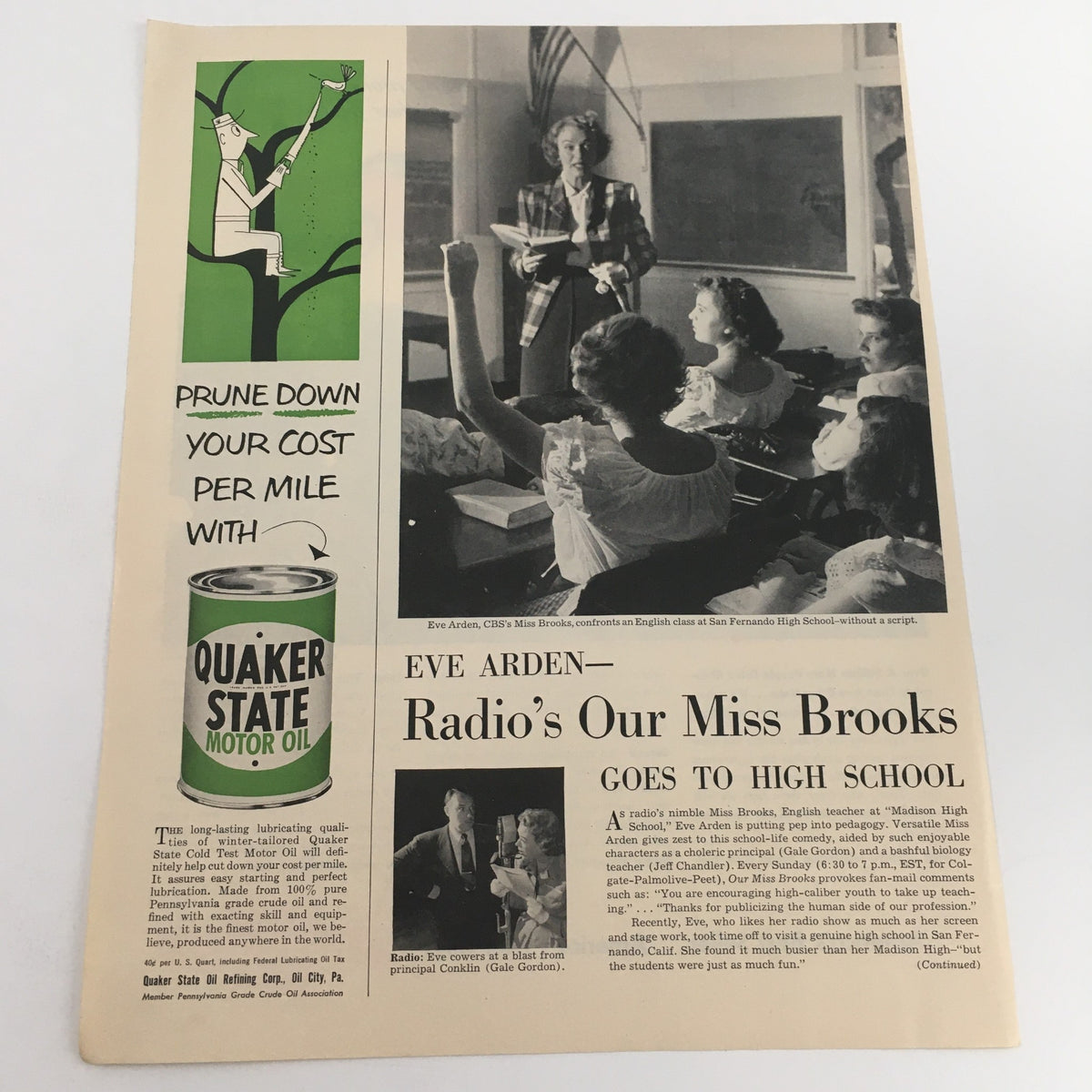 Quaker State Motor Oil advertisement featuring Eve Arden in a classroom setting, highlighting the benefits of the product alongside the title 'Radio's Our Miss Brooks', part of the 1950 Chevrolet Illustrated ad series.