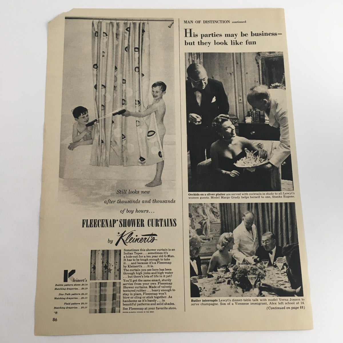 Vintage advertisement for Kleinert's Fleecenap Shower Curtains, featuring an elegant home scene from the 1950s with women enjoying leisure time.