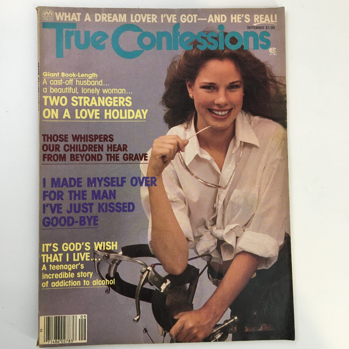 Cover of True Confessions Magazine September 1981 featuring the headline 'Two Strangers On Love Holiday' with a smiling woman and themes of romantic storytelling.
