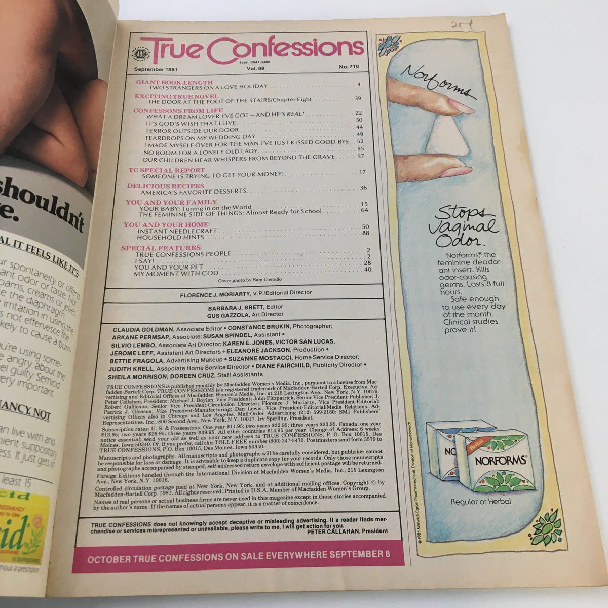 Inside page of True Confessions Magazine September 1981 displaying the table of contents and magazine details.