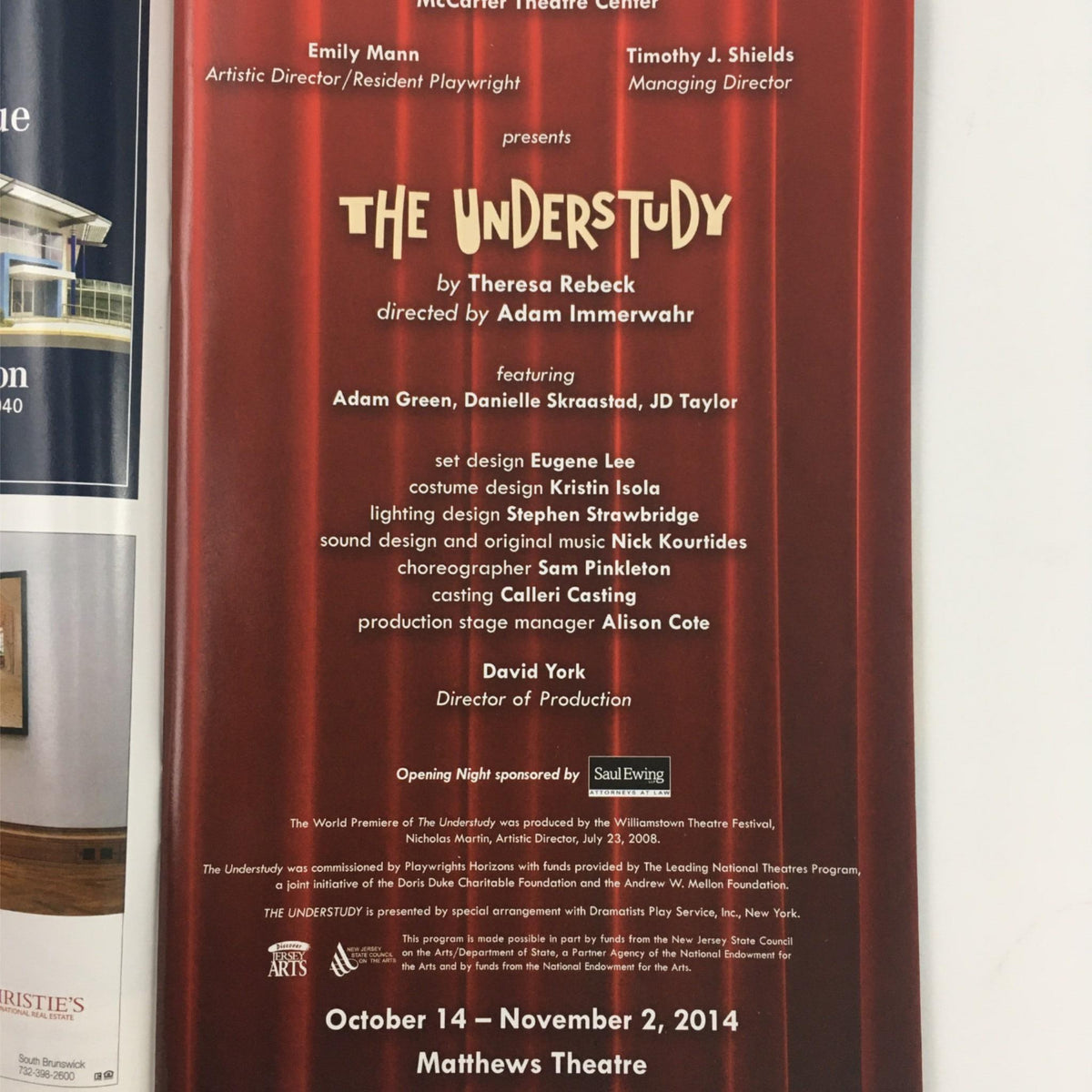 Inside page of 'The Understudy' program featuring cast and creative team information, directed by Adam Immervwer and written by Theresa Rebeck.