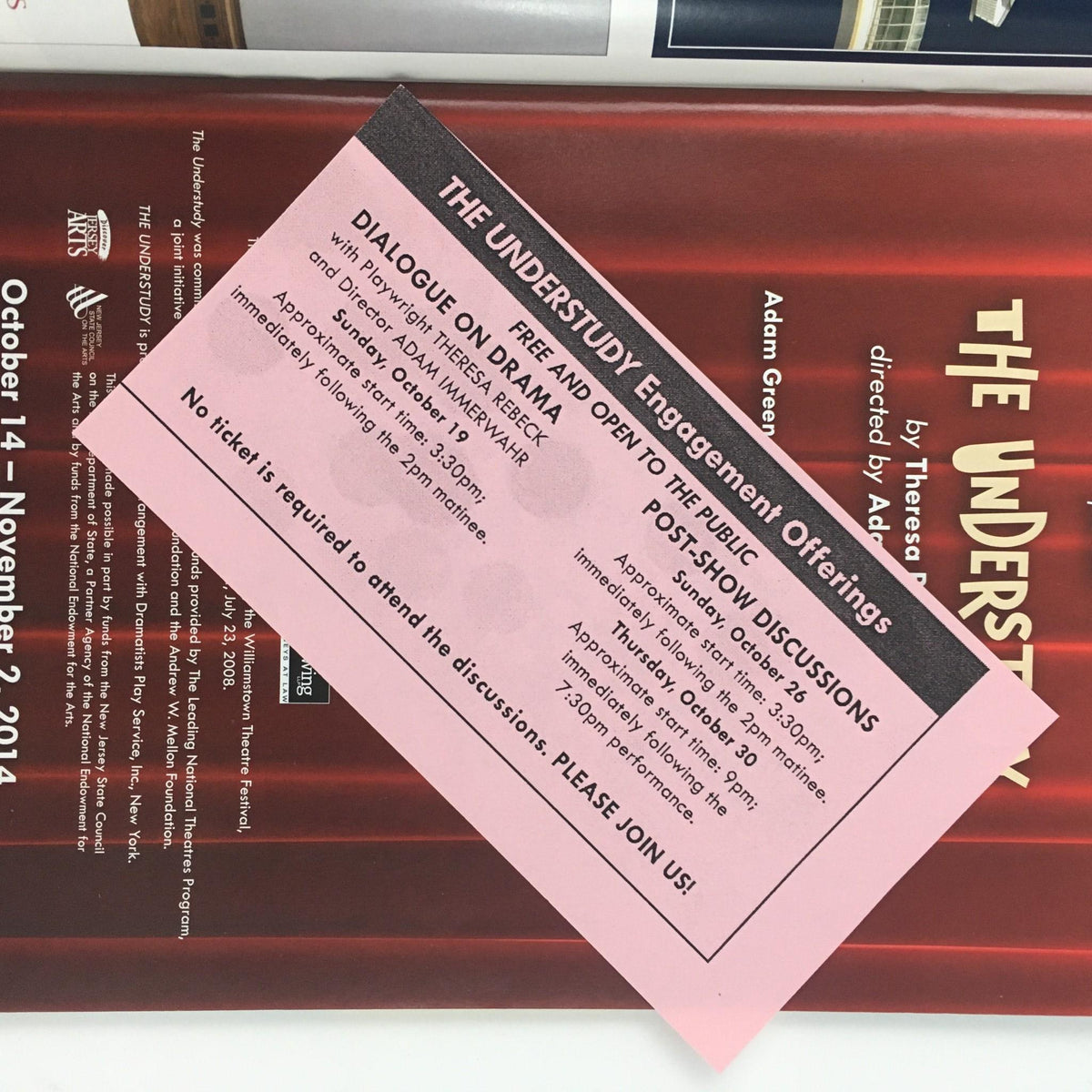 Engagement offerings flyer for 'The Understudy' at McCarter Theatre Centre, inviting attendees to post-show discussions and dialogues about drama.