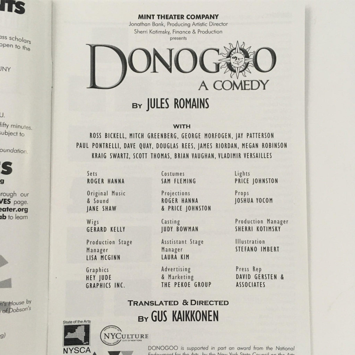 Interior page of the 2014 Donogoo A Comedy at Mint Theater Company program, listing cast and production team, featuring contributions from Jules Roman and Gus Kaikkonen.