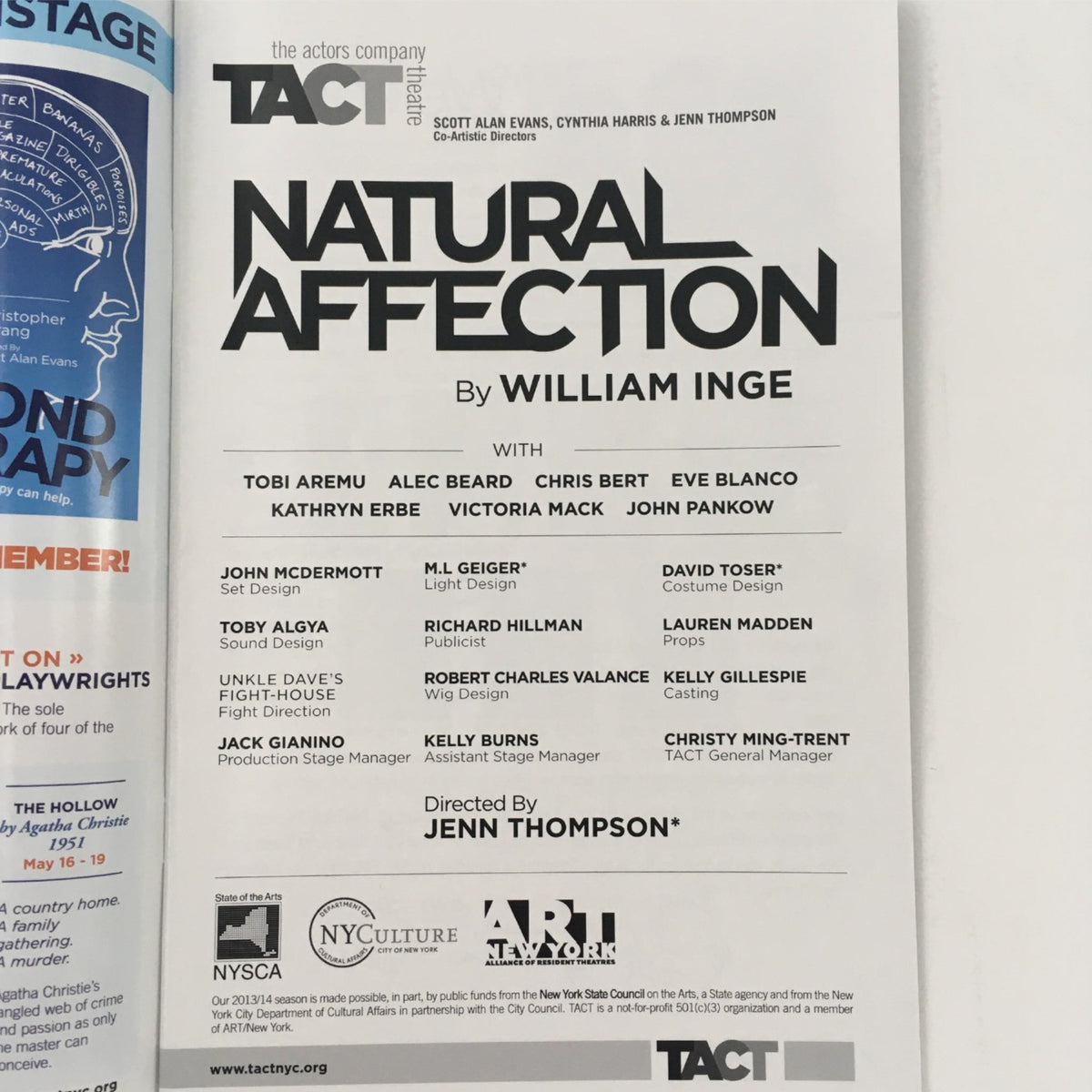 Inside page of the 2013/14 Natural Affection program by William Inge, listing the cast and crew, including Jenn Thompson as director, from The Beckett Theatre.