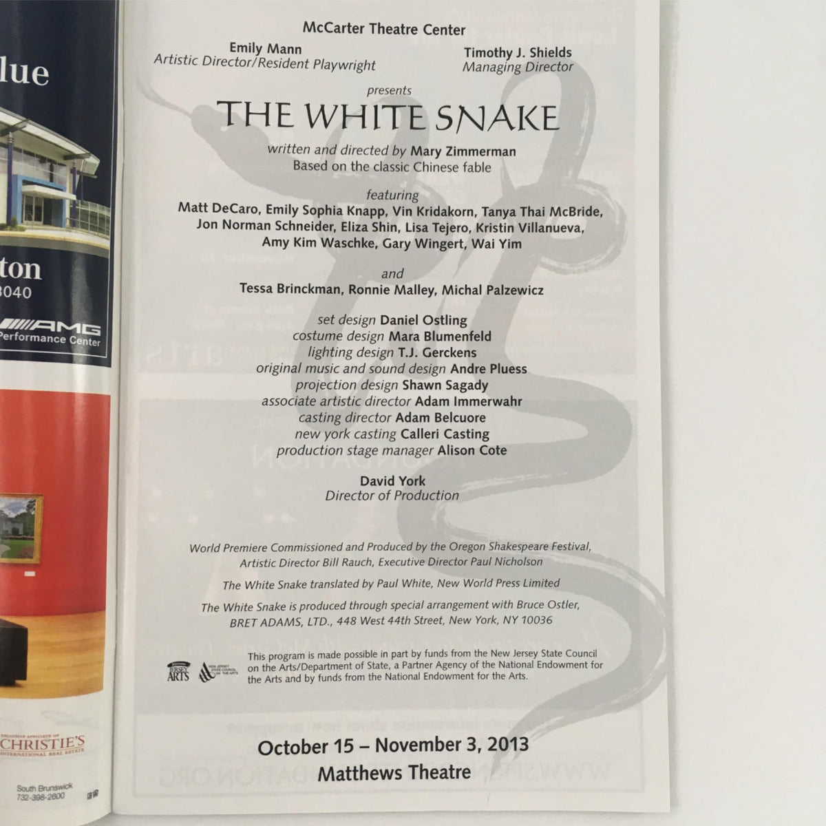 Promotional material for 'The White Snake,' a play written by Mary Zimmerman, performed at McCarter Theatre Center, featuring cast and production details.