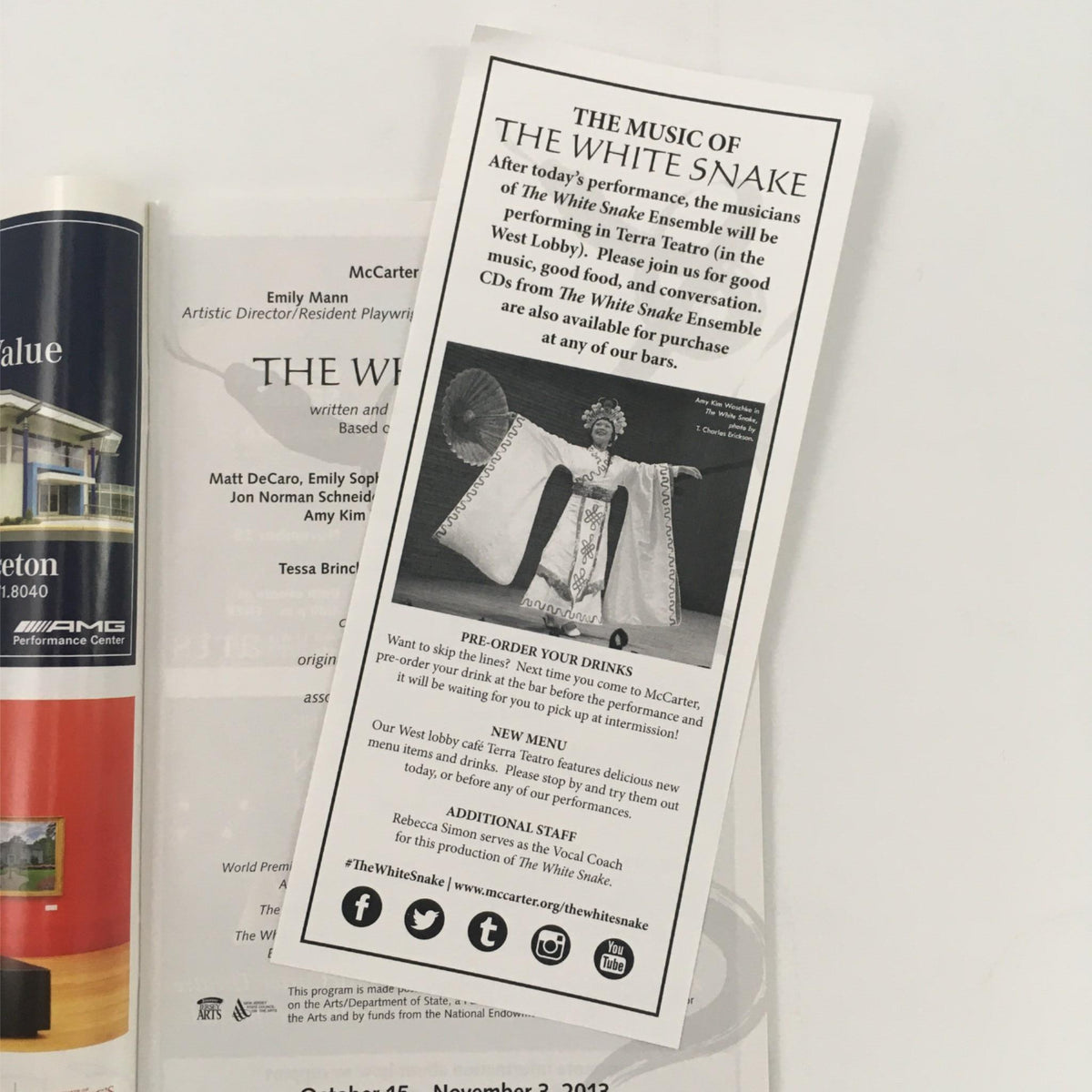 Flyer for 'The White Snake' showcasing drink pre-order information and additional performance details at McCarter Theatre Center.