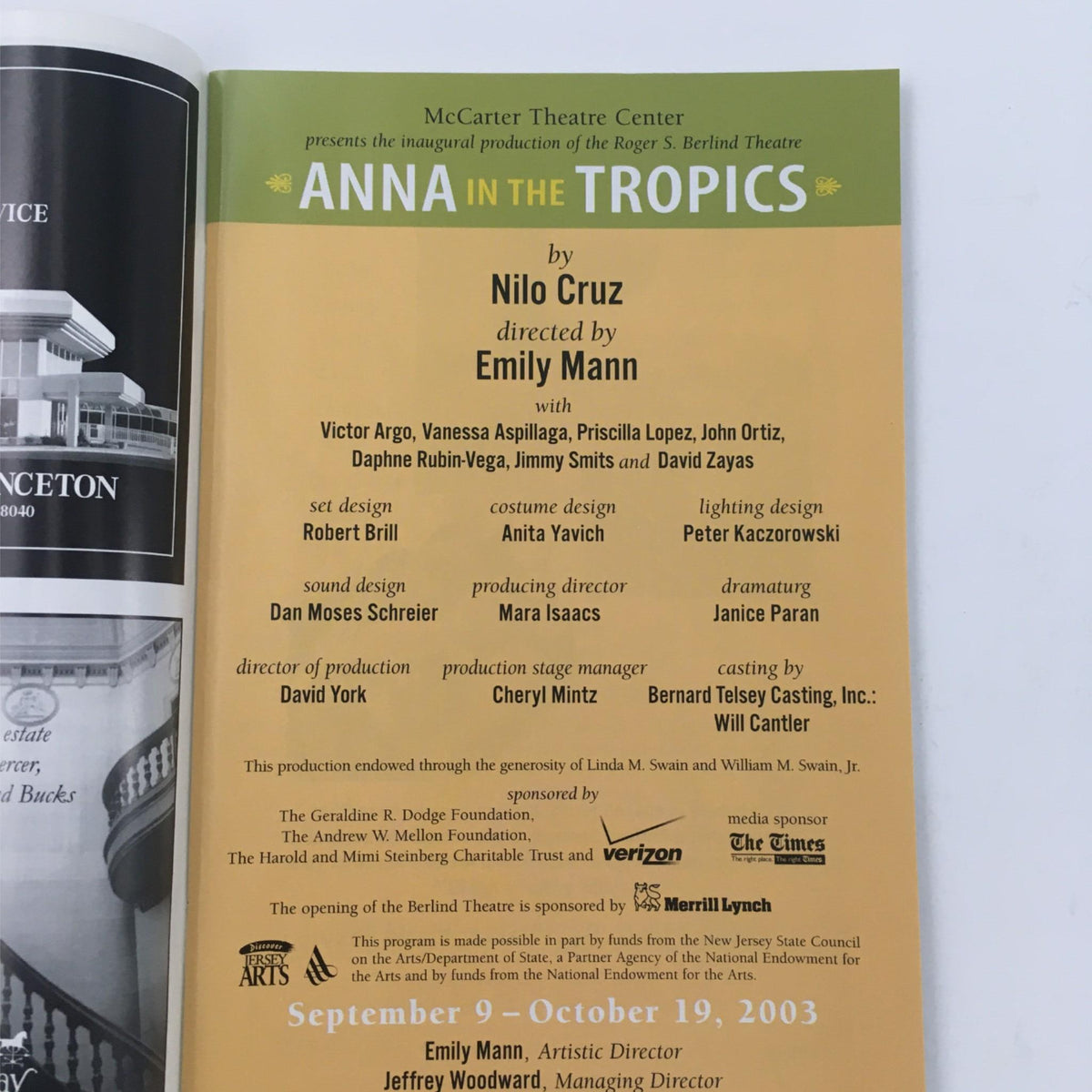 Inside page displaying production details for the 'Anna in the Tropics' play directed by Emily Mann, including cast information and design credits, part of the 2003 event at McCarter Theatre Center.
