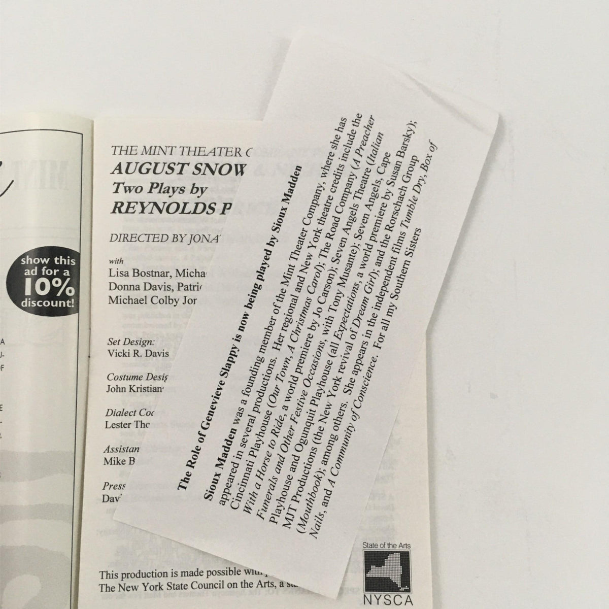 Insert from the 1998 August Snow & Night Dance by Reynolds Price, providing additional cast and descriptive information about the play.