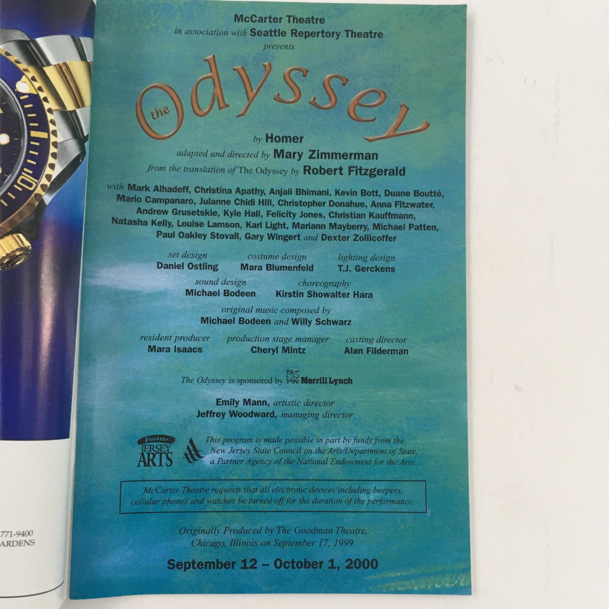 Program page for the 2000 Odyssey by Homer, adapted and directed by Mary Zimmerman at McCarter Theatre, featuring cast and production details.