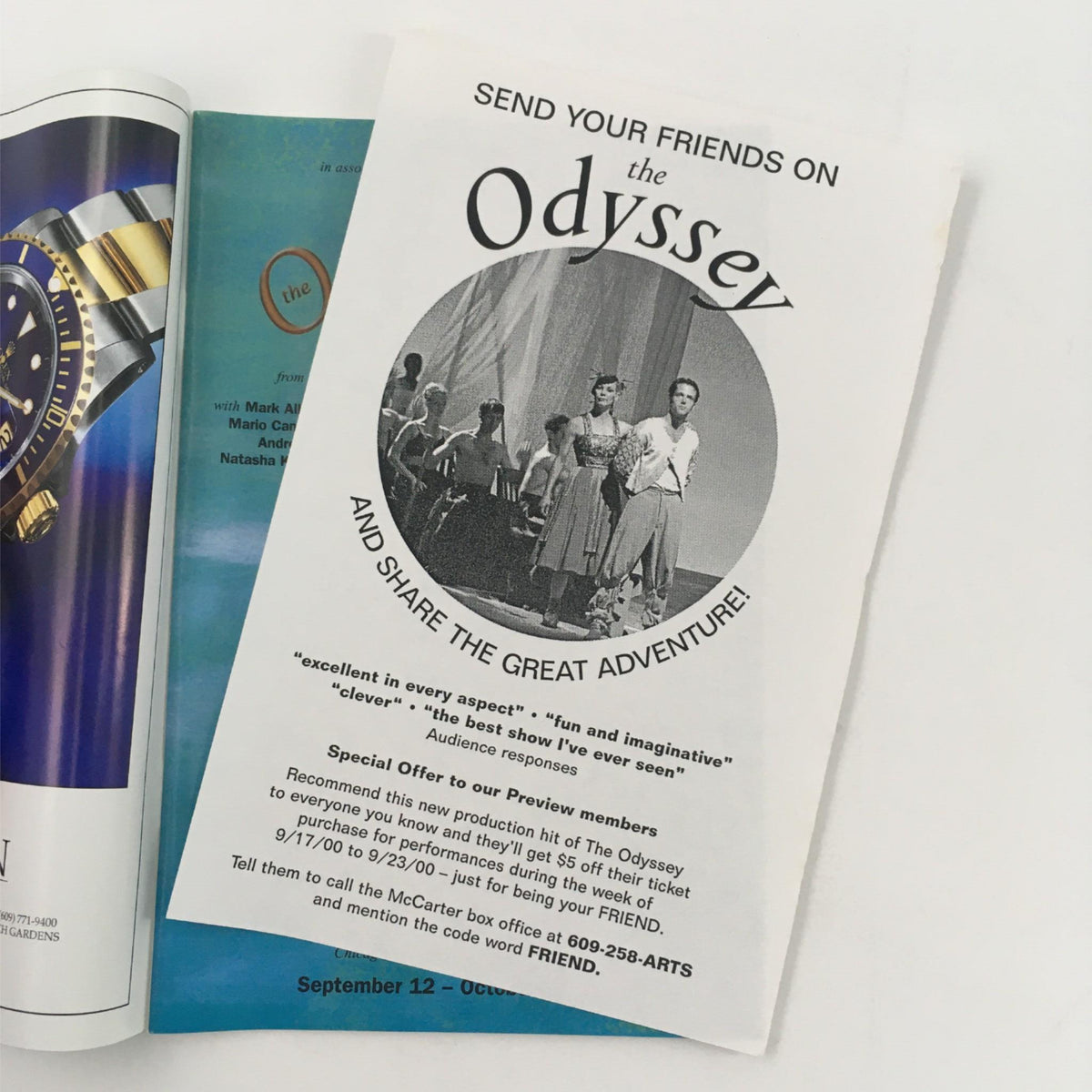 Promotional flyer for '2000 Odyssey by Homer, Mary Zimmerman, Emily Mann' at McCarter Theatre, featuring an elegant design and enthusiastic audience response quotes.