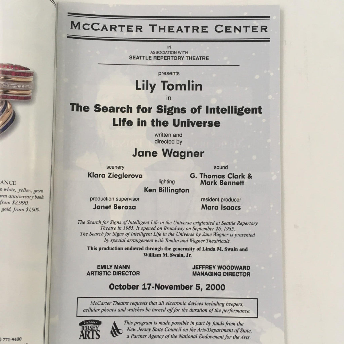 Program for The Search for Signs of Intelligent Life in the Universe by Jane Wagner presented at McCarter Theatre Center, detailing cast and production information.