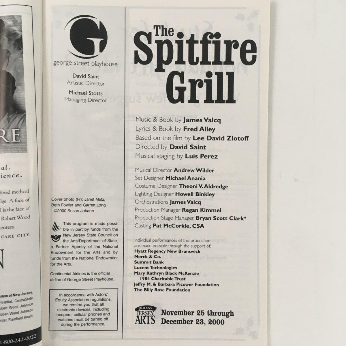 Inside cover page featuring 'The Spitfire Grill' by James Valcq and David Saint at George Street Playhouse, showcasing production details and creative team credits.