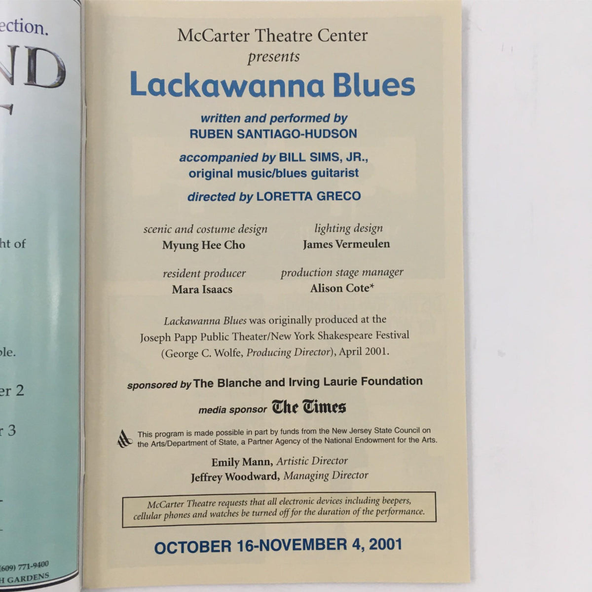 Program booklet for '2001 Lackawanna Blues' by Ruben Santiago-Hudson, featuring cast and production details, at McCarter Theatre Center.