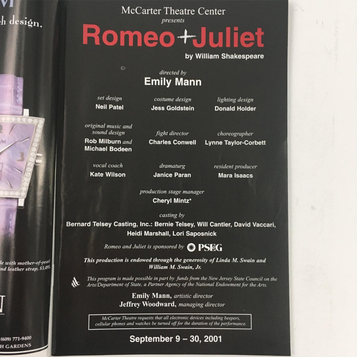 Inside page of the program for the 2001 Romeo + Juliet by William Shakespeare, featuring details about the cast and crew, directed by Emily Mann at McCarter Theatre.