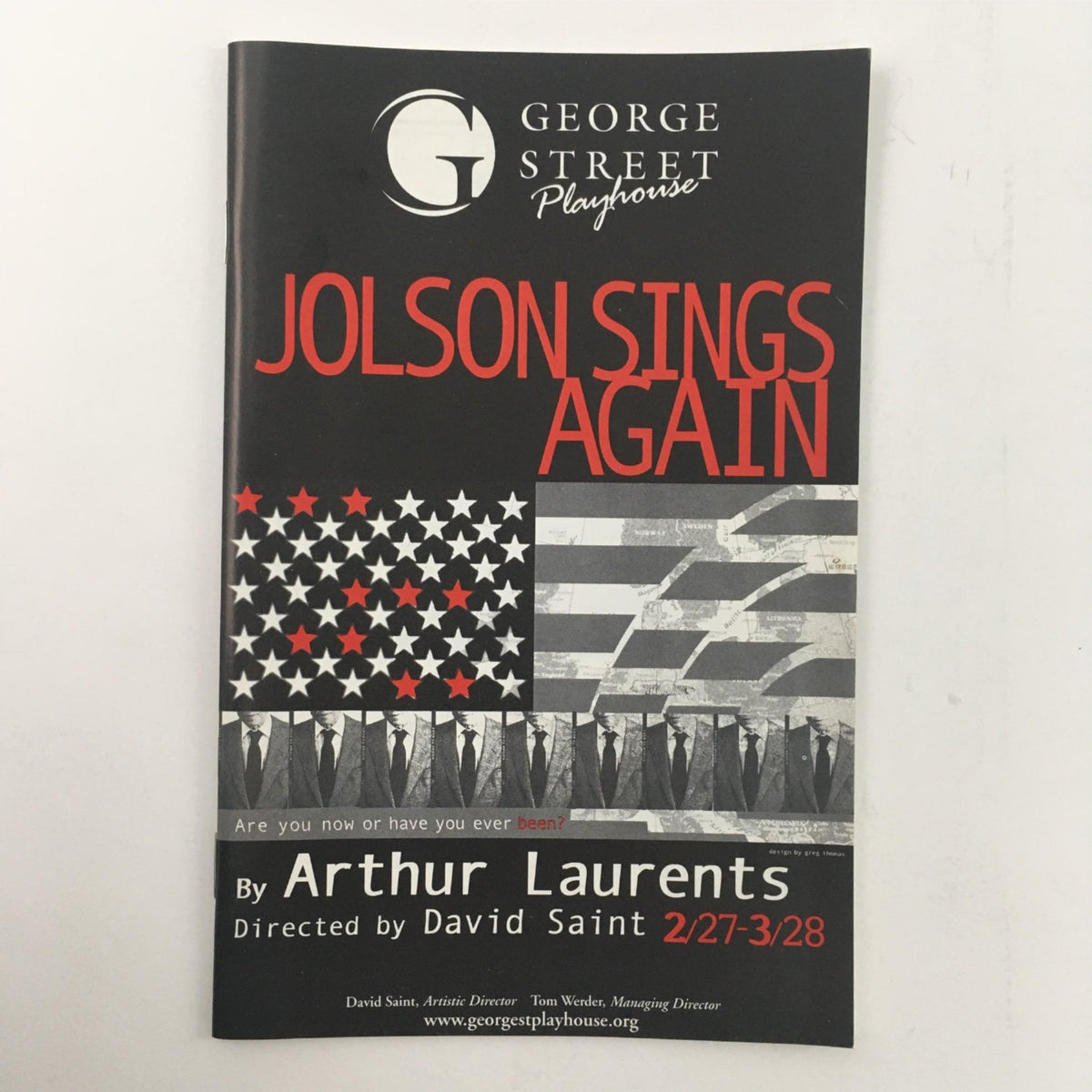 Cover page of 'Jolson Sings Again' by Arthur Laurents, presented by George Street Playhouse, featuring a patriotic design with an American flag and theatrical imagery. The show is scheduled from 2/27 to 3/28.