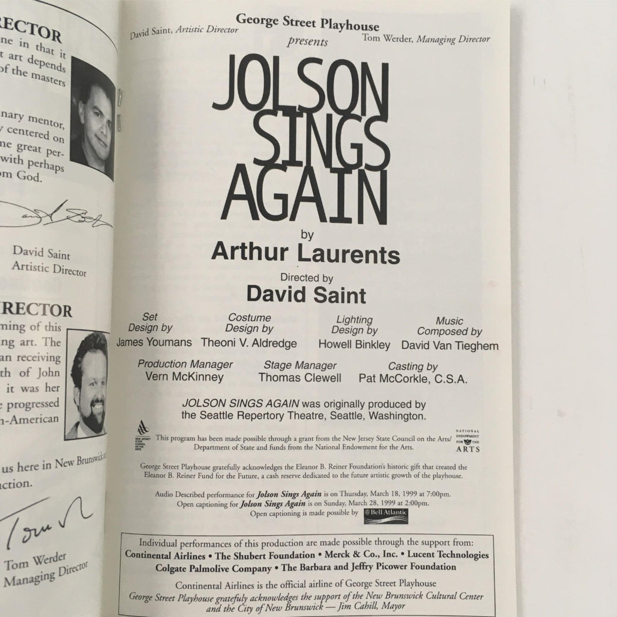 Inside page of 'Jolson Sings Again' by Arthur Laurents, detailing production credits and the creative team, including David Saint as director at George Street Playhouse.