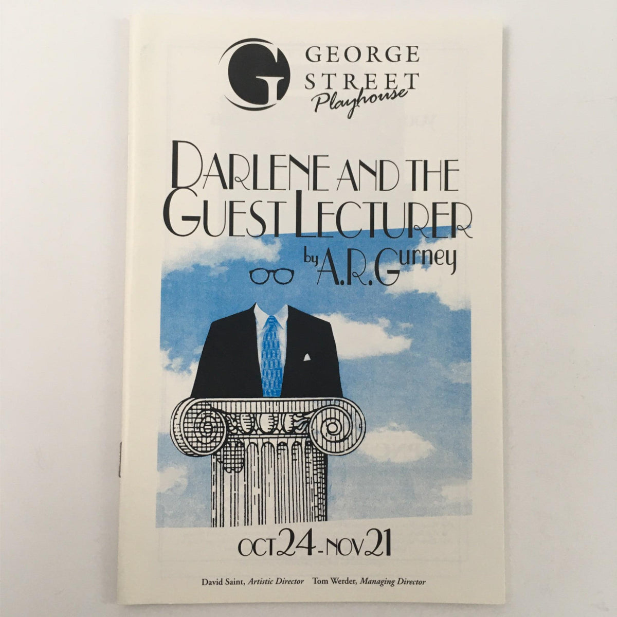 Cover detail of 'Darlene and the Guest Lecturer' by A.R. Gurney, showcasing the title in elegant typography and the George Street Playhouse logo. The play runs from October 24 to November 21.