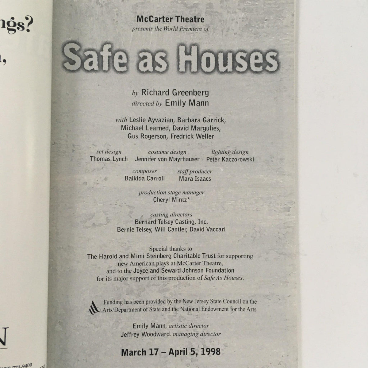 1998 Safe as Houses by Richard Greenberg, Emily Mann at McCarter Theatre promotional image showcasing the cast and production team details, including set design and production credits.