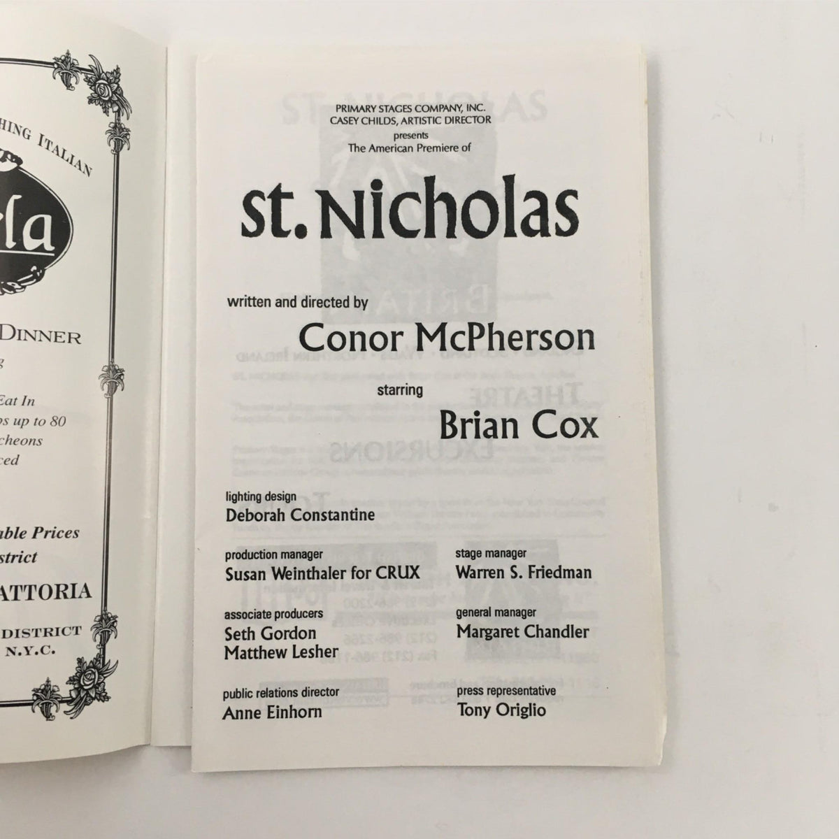 Inside page of the 1997 St. Nicholas by Conor McPherson, detailing the cast and crew including Brian Cox, and emphasizing the production details by Primary Stages.