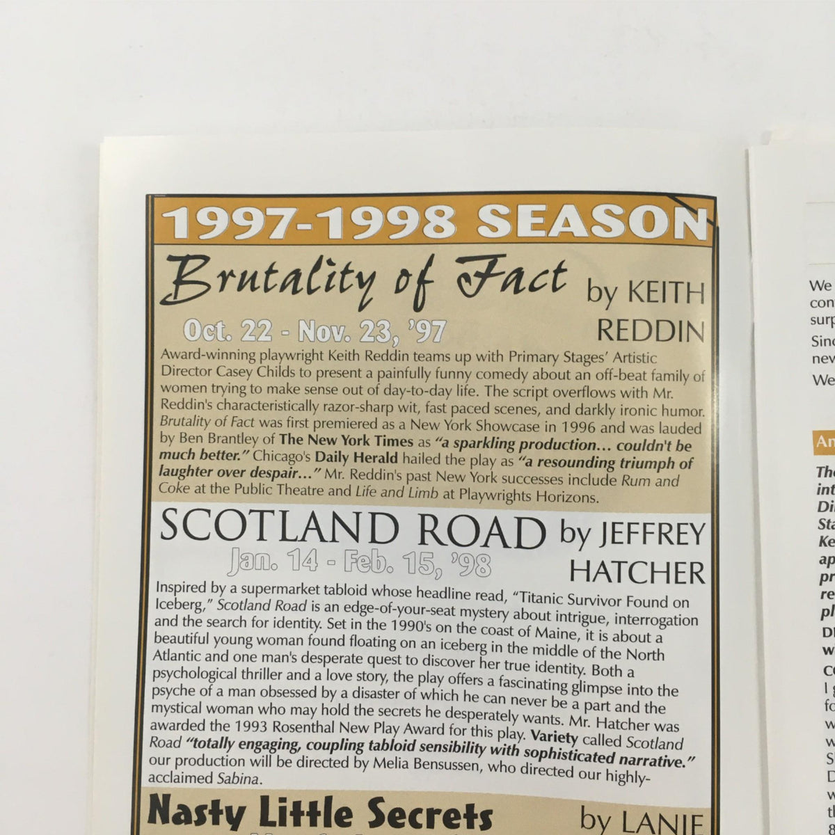 Promotional material for the 1997-1998 season featuring the play 'Brutality of Fact' by Keith Reddin, alongside details about upcoming productions including 'Scotland Road' by Jeffrey Hatcher.