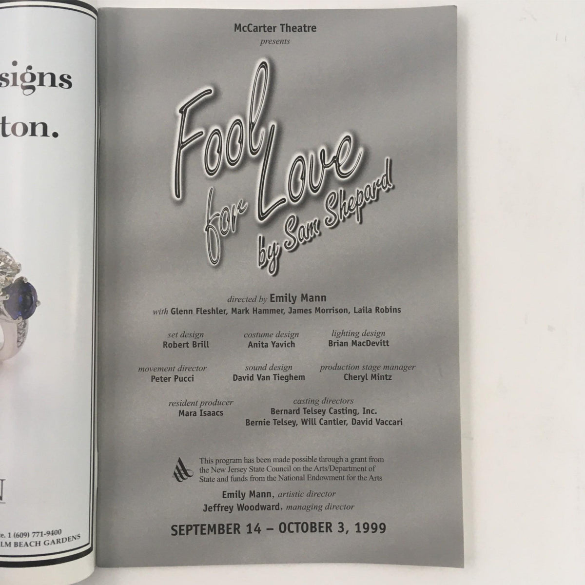 Promotional page for 'Fool for Love' by Sam Shepard at McCarter Theatre, detailing the cast, crew, and performance dates from September 14 to October 3, 1999.