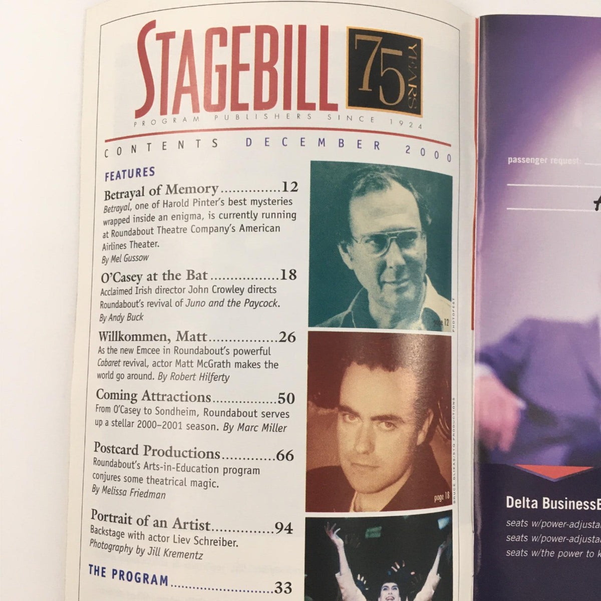 Inside page of the December 2000 Stagebill showing the contents section, highlighting articles and features, alongside photographs from 'Betrayal' by Harold Pinter at the American Airlines Theatre.